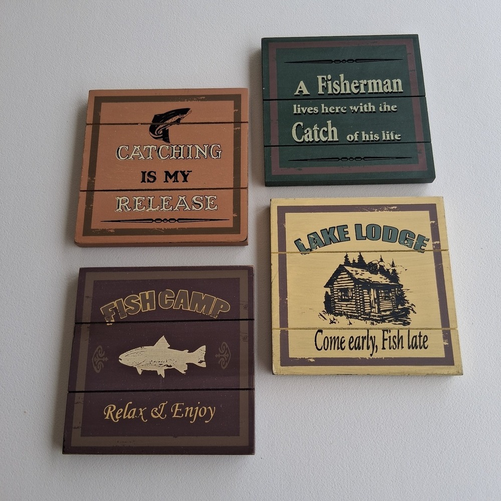Rustic Wood Fishing Coasters Set of 4 Lake Lodge Fish Camp Cabin Decor NWOB